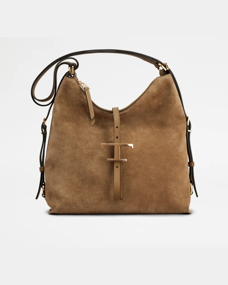 TOD'S Schultertasche T Timeless aus Veloursleder Small, BRAUN,  - Bags Braun