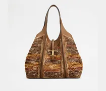 Shopper T Timeless aus Leder und Bast Medium, BRAUN, - Bags