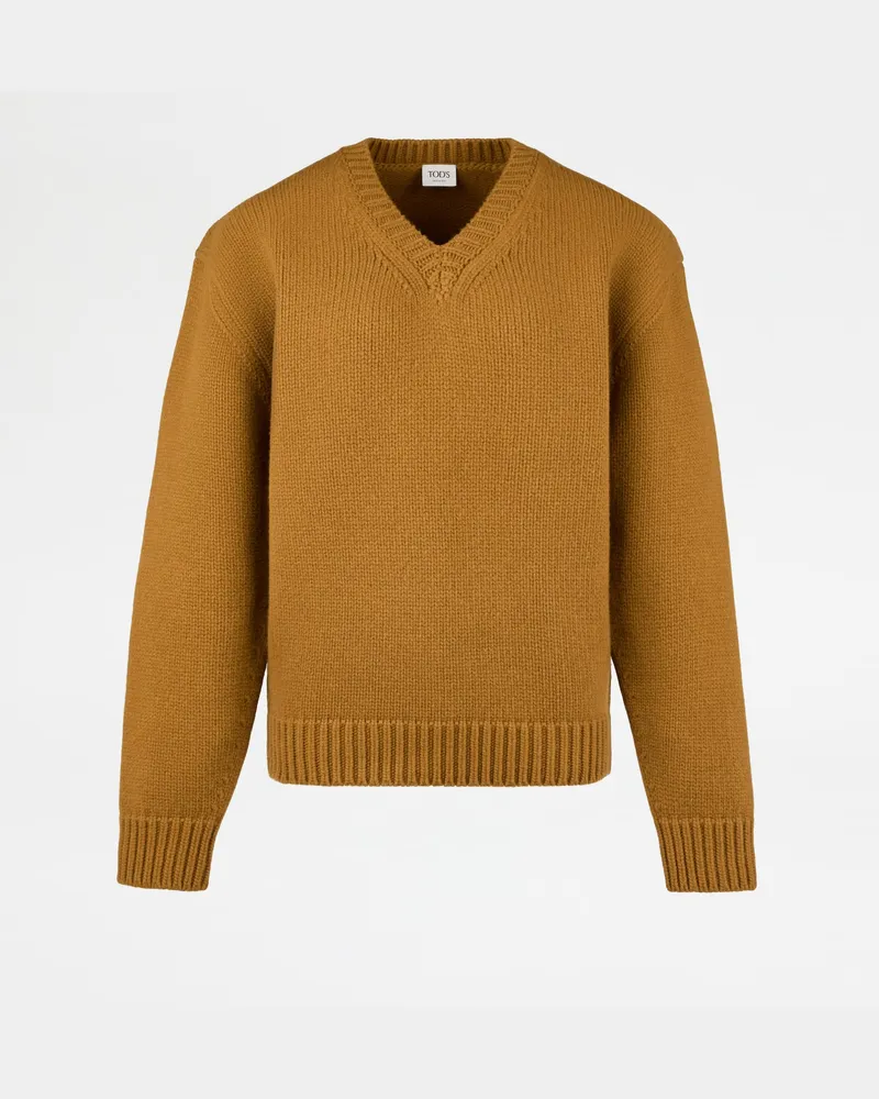 TOD'S Pullover aus Wolle mit Lederpatches, BRAUN Knitwear Braun
