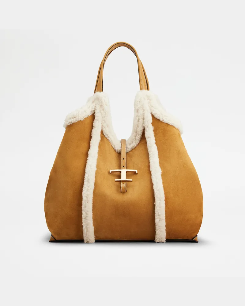 TOD'S Shopper T Timeless aus Veloursleder Medium, WEISS,BRAUN,  - Bags Weiss