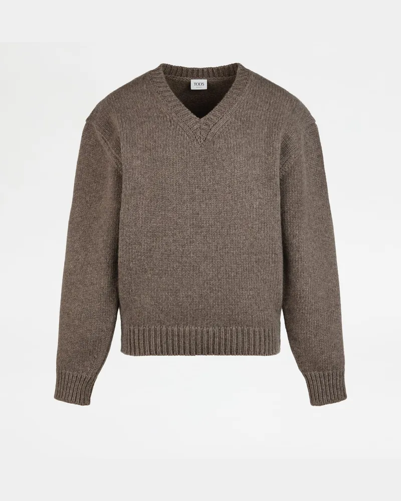 TOD'S Pullover aus Wolle mit Lederpatches, BEIGE Knitwear Beige