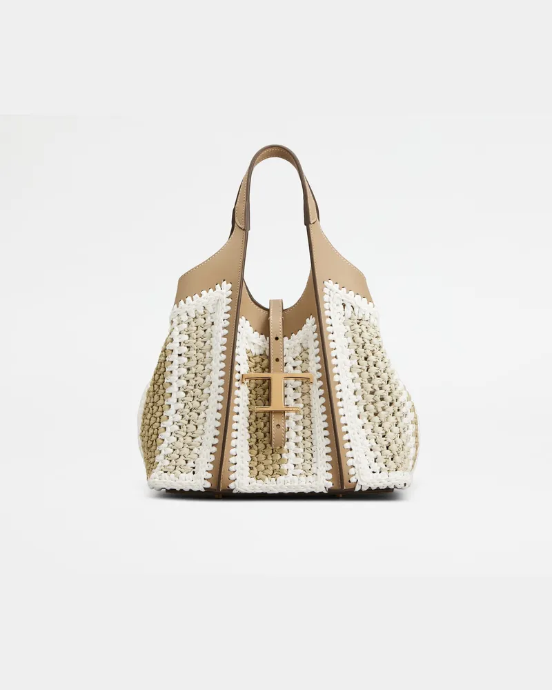 TOD'S Shopper T Timeless aus Bast und Leder Mini, WEISS,BEIGE,  - Bags Weiss