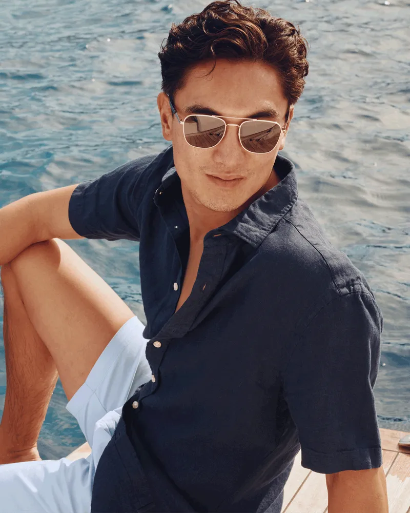 Charles Tyrwhitt Kurzärmeliges Reines Leinenhemd Marineblau Marineblau