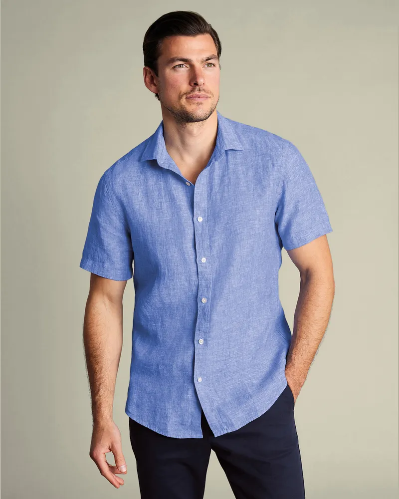 Charles Tyrwhitt Kurzärmeliges Reines Leinenhemd Kobaltblau Blau