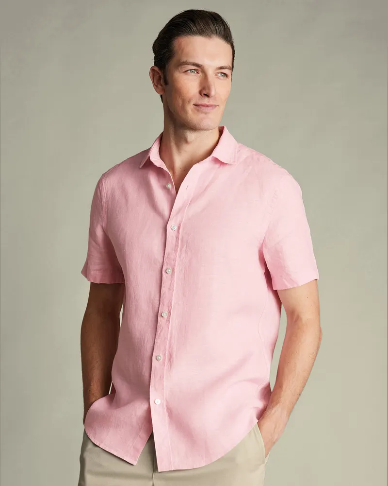 Charles Tyrwhitt Kurzärmeliges Reines Leinenhemd Rosa