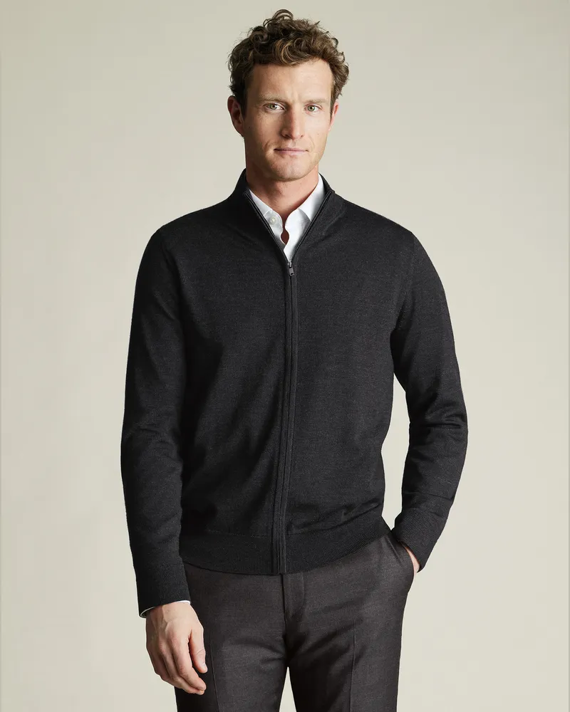 Charles Tyrwhitt Merino-Strickjacke Anthrazit