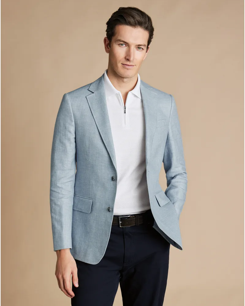 Charles Tyrwhitt Sakko aus Baumwoll-Leinen-Mix Mittelblau