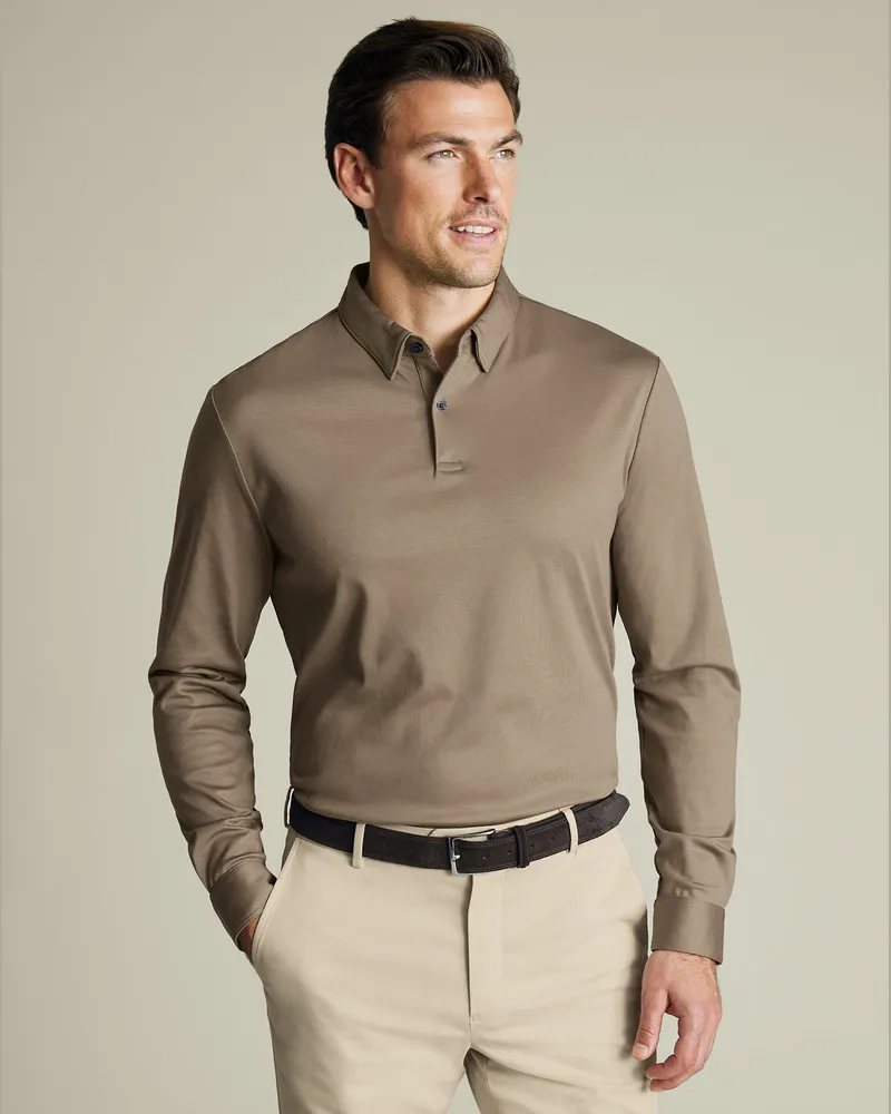 Charles Tyrwhitt Langärmeliges Jersey-Polo Mokka Braun