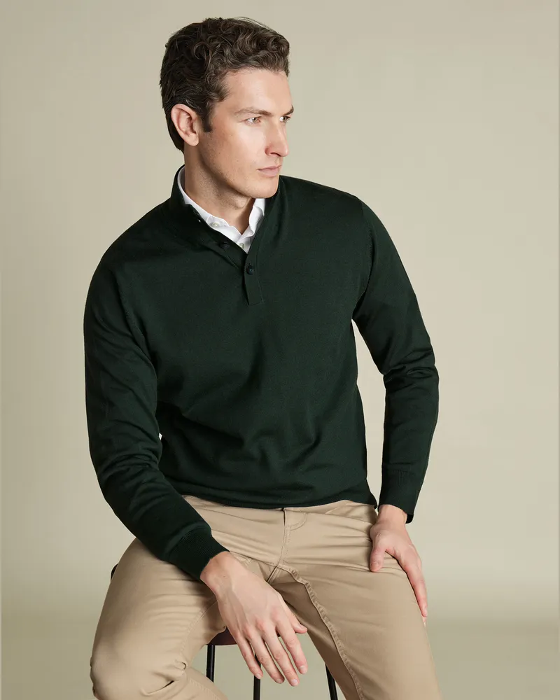 Charles Tyrwhitt Merinopullover mit Knöpfen Wald Grün
