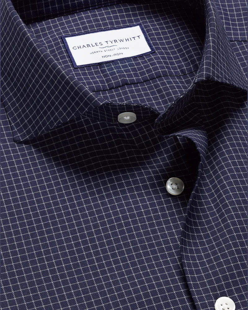 Charles Tyrwhitt Bügelfreies Performance Twill-Hemd feinen Karos Französisches Blau Blau