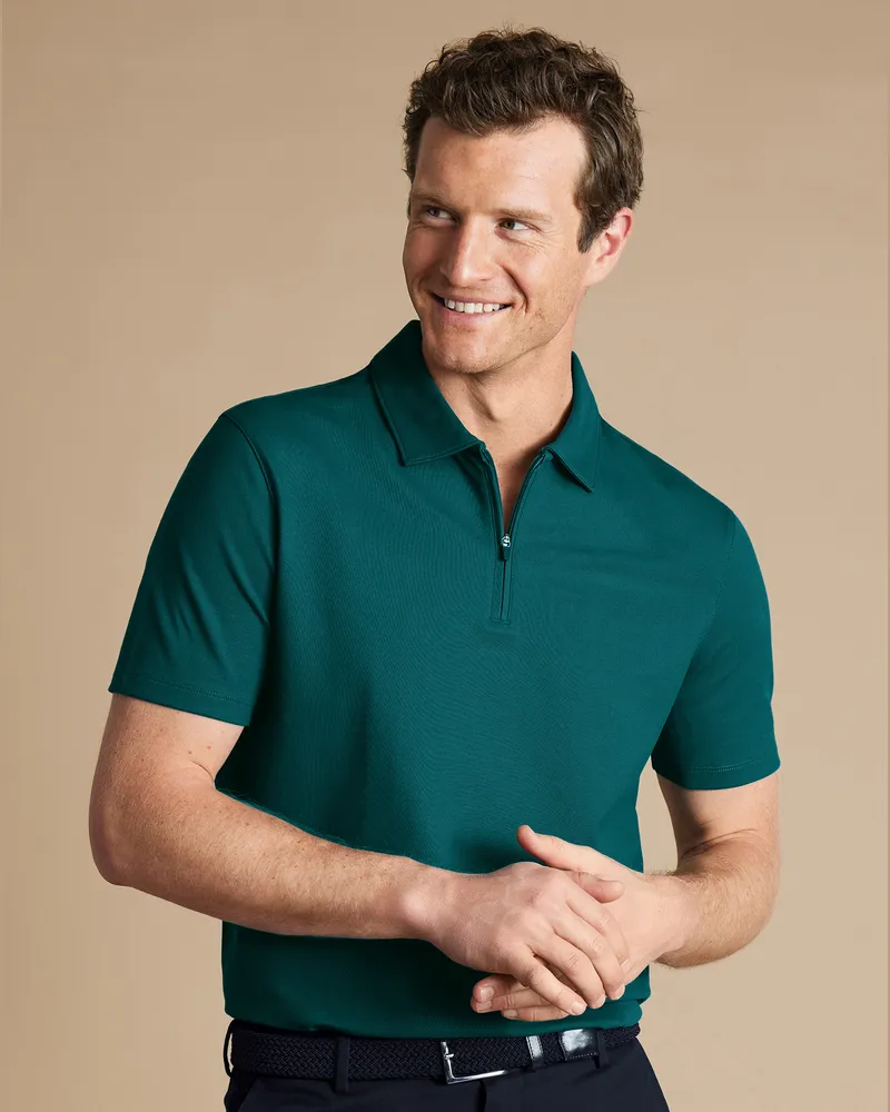 Charles Tyrwhitt Performance Reißverschlusskragen Piqué-Polo Grün