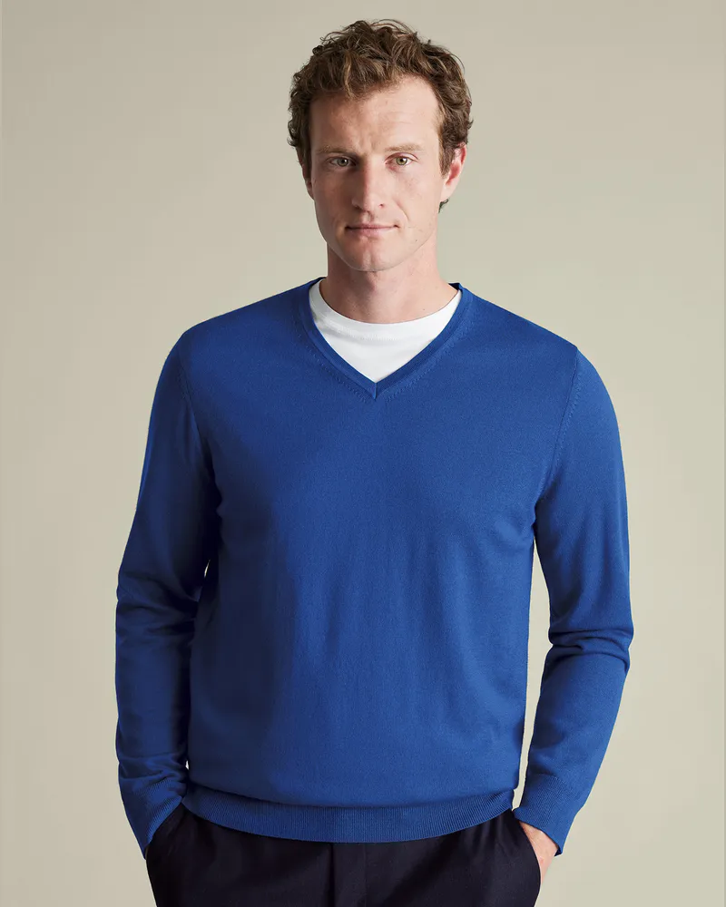 Charles Tyrwhitt Merinopullover mit V-Ausschnitt Blau