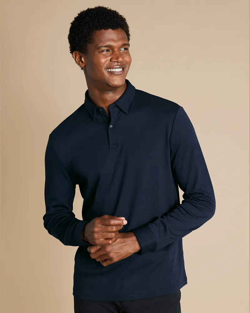 Charles Tyrwhitt Smarte Langärmeliges Performance Jersey-Polo Marineblau