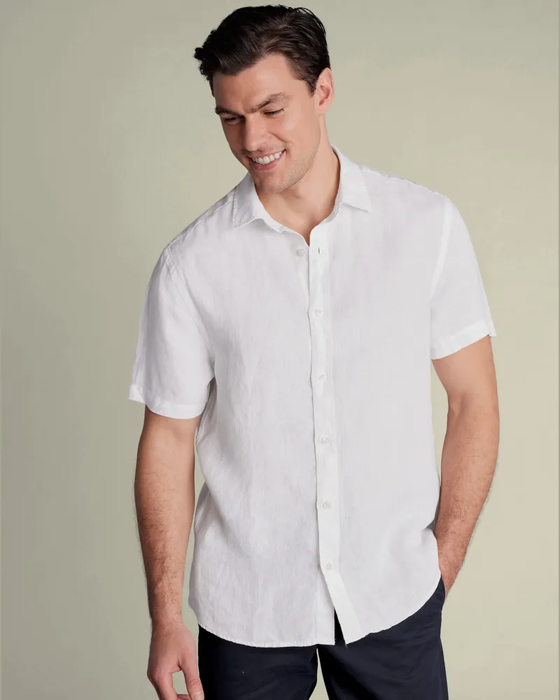 Charles Tyrwhitt Kurzärmeliges Reines Leinenhemd Weiß Weiß
