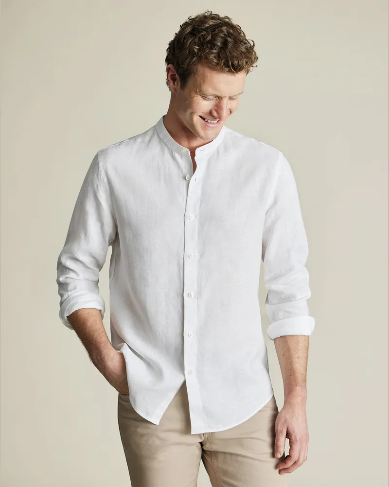 Charles Tyrwhitt Kragenloses Reines Leinenhemd Weiß