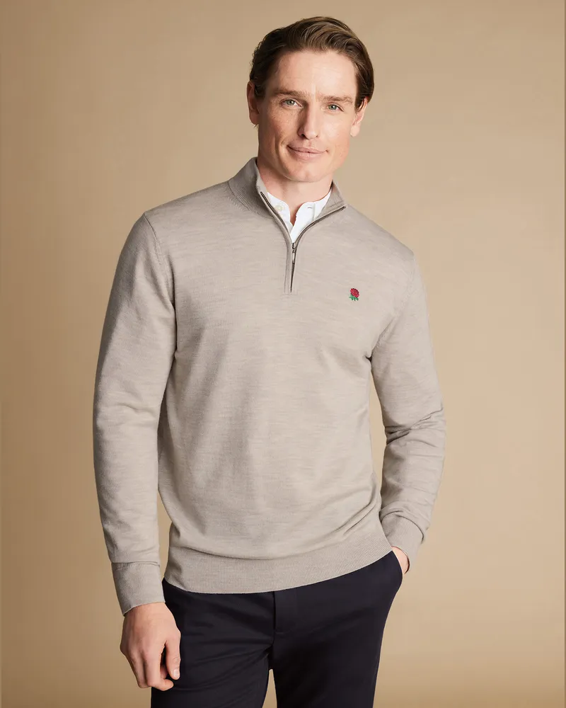 Charles Tyrwhitt England Rugby Merino Zip Neck Jumper Neutral