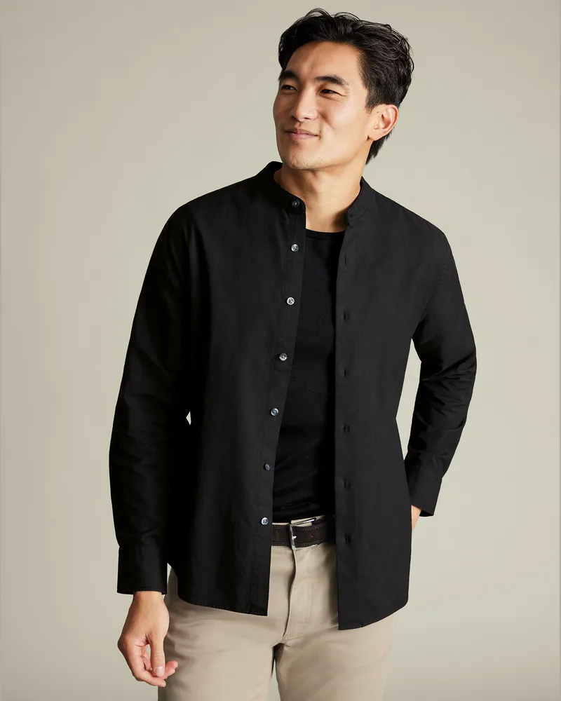 Charles Tyrwhitt Kragenloses Stretch-Oxfordhemd Schwarz