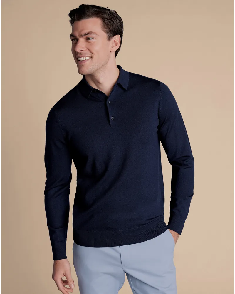 Charles Tyrwhitt Merinopullover mit Polokragen Marineblau