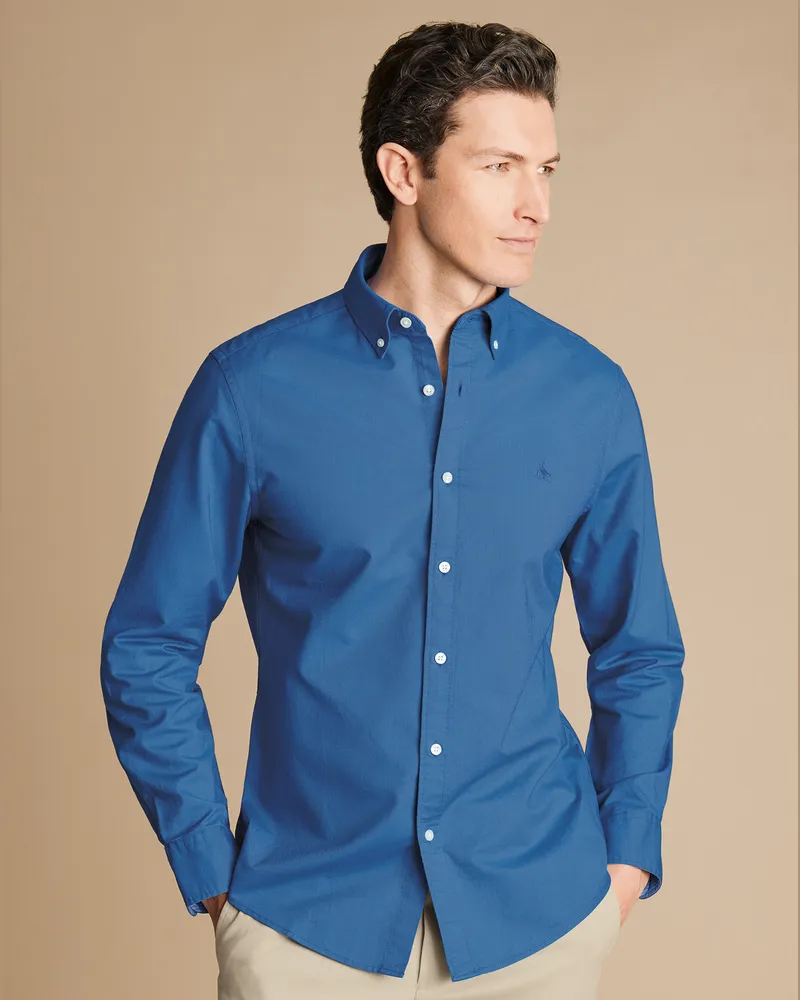 Charles Tyrwhitt Vorgewaschenes Stretch-Oxfordhemd Blau