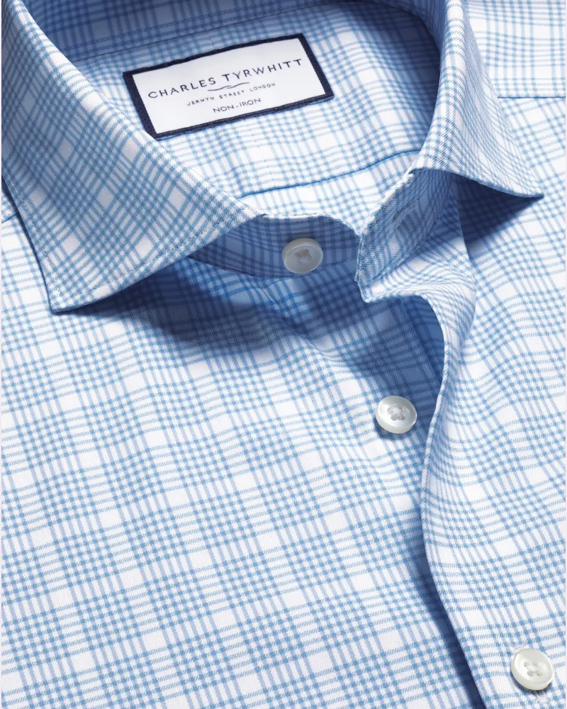 Charles Tyrwhitt Bügelfreies Performance Twill-Hemd und Karos Kornblumenblau Blau