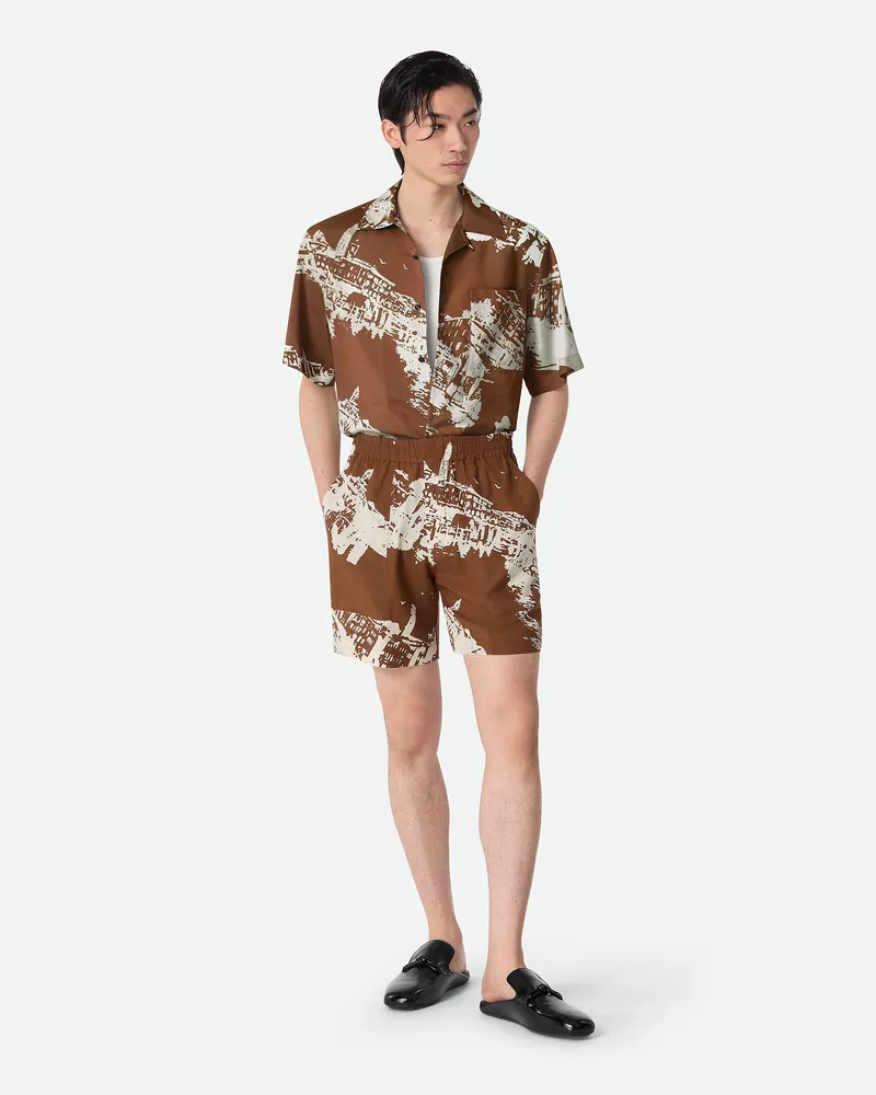Bottega Veneta Seidenshorts Mit Italienischer Postkarte - Braun - Herren 75 % Seide & 25 % Baumwolle Braun