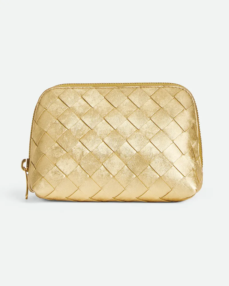 Bottega Veneta Kleine Intrecciato Kosmetiktasche Gold