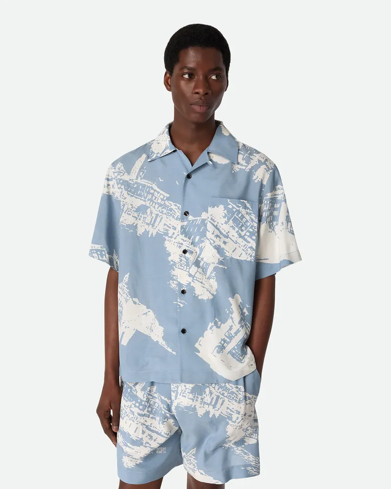 Bottega Veneta Seidenhemd Mit Italienischer Postkarte - Blau - Herren 75 % Seide & 25 % Baumwolle Blau