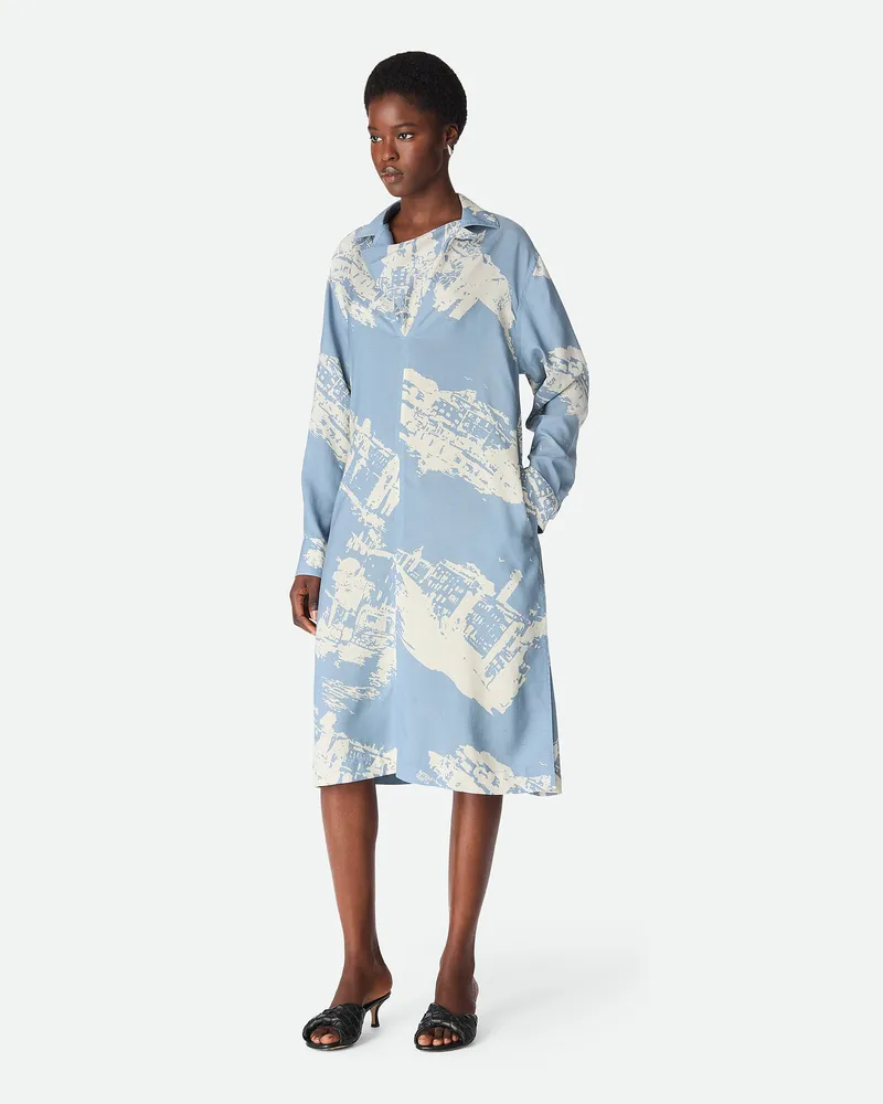 Bottega Veneta Seidenkleid Mit Italienischer Postkarte - Blau - Damen Seide & Baumwolle Blau