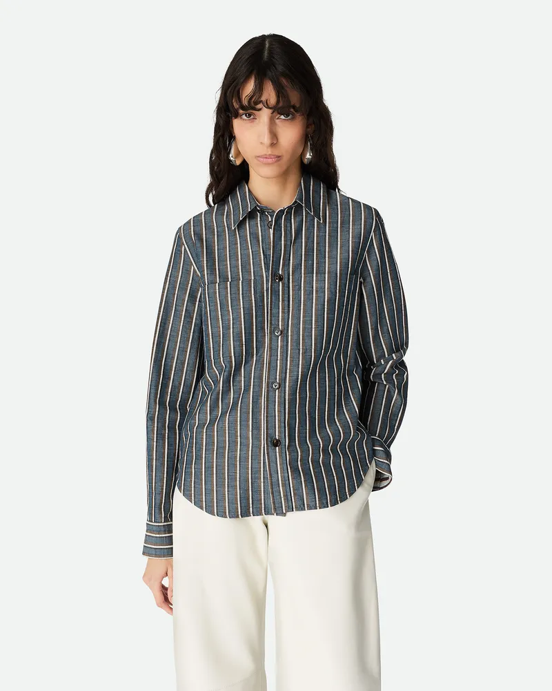 Bottega Veneta Gestreiftes Hemd Aus Baumwolle Und Leinen Blue