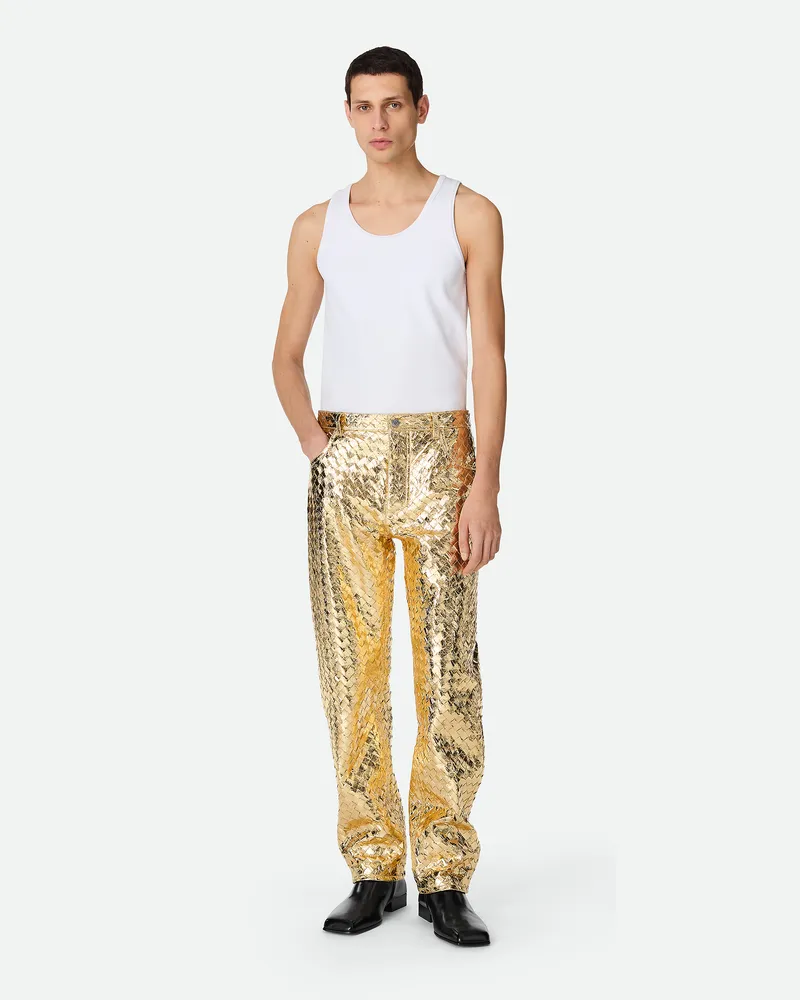 Bottega Veneta Gerade Hose Aus Laminiertem Intrecciato Leder - Gold - Herren Lammleder Gold