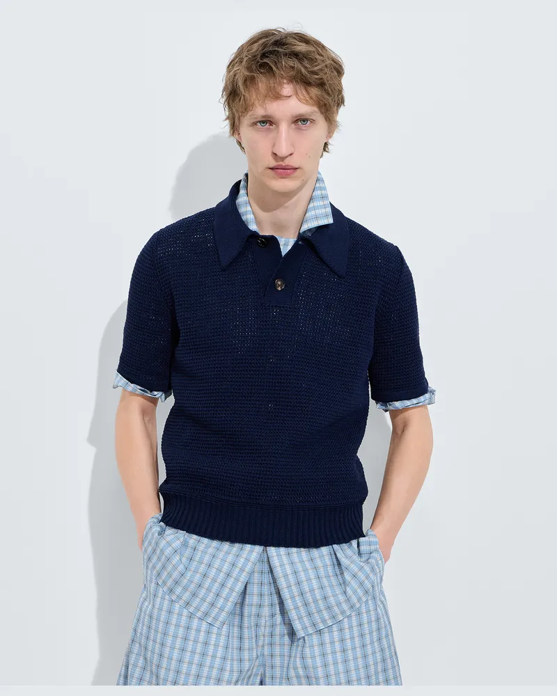 Bottega Veneta Gehäkeltes Poloshirt aus Baumwolle-Blau - Herren Blau