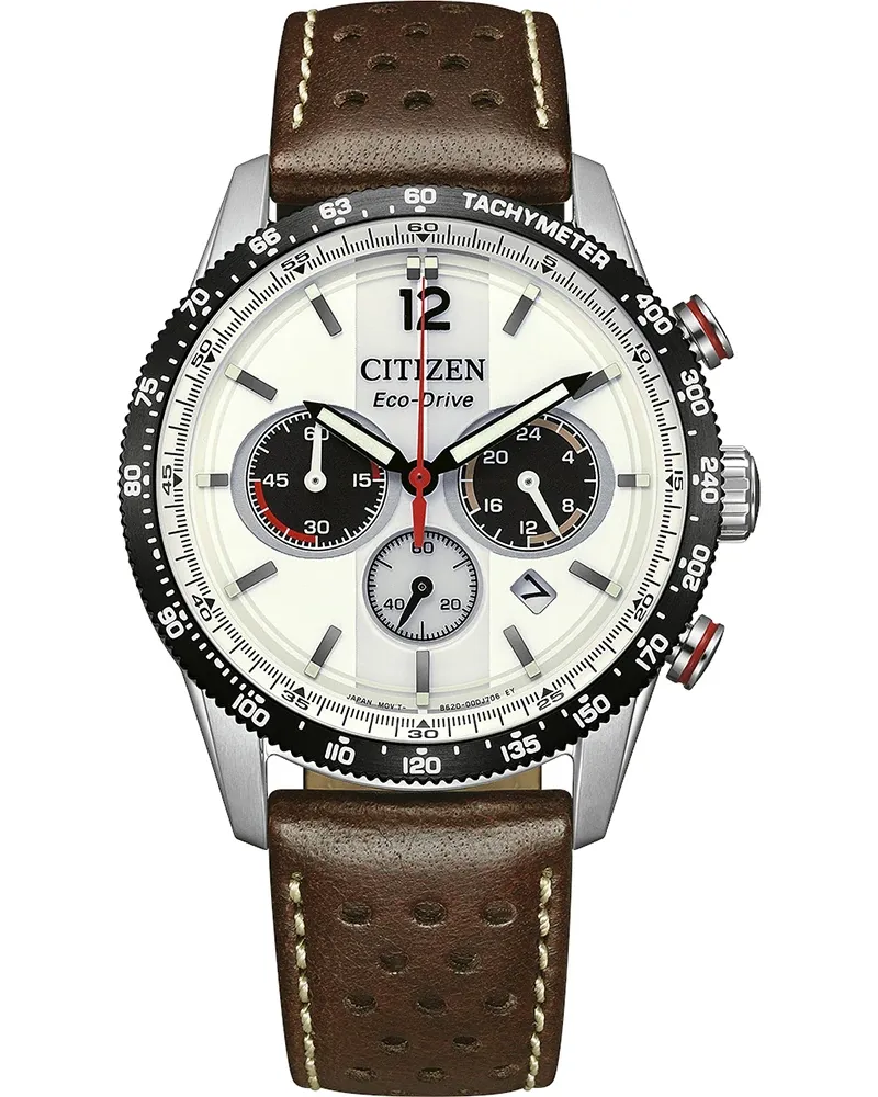 Citizen Eco-Drive Racing Chronograph, Leder weiß, 39.9mm Herrenuhr CA4714-04A 