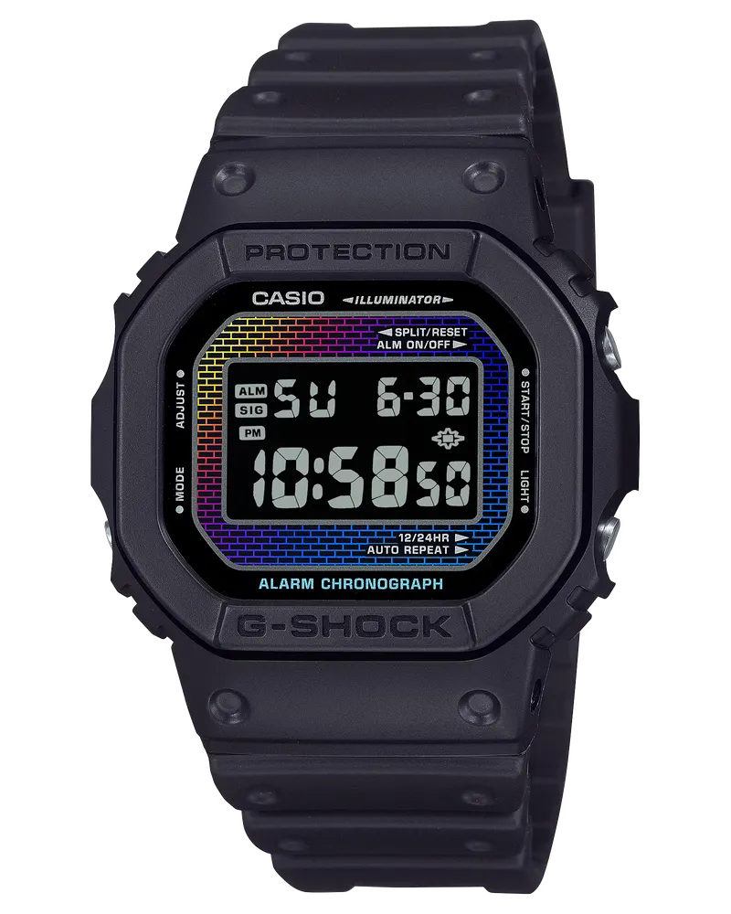 Casio G-Shock Alarm Chronograph, Digital Schwarz / Regenbogen, Quarz Unisexuhr DW-5600RW-1ER Schwarz