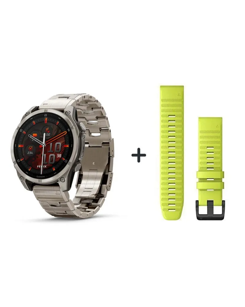 Garmin fēnix® 8 - 47 mm AMOLED Sapphire Graphit/Titanium Titan 010-02904-40 Bundle mit Neongelben Silikonband Schwarz