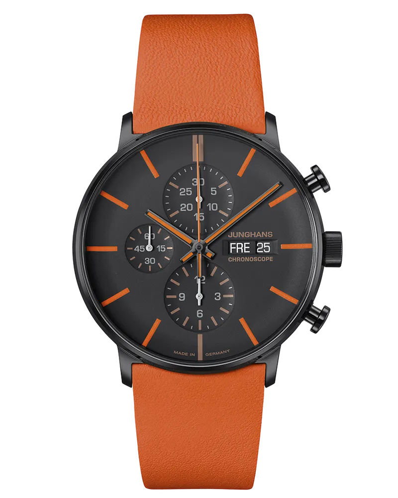 Junghans FORM A Chronoscope 027/4370.00 orange Herrenuhr Schwarz