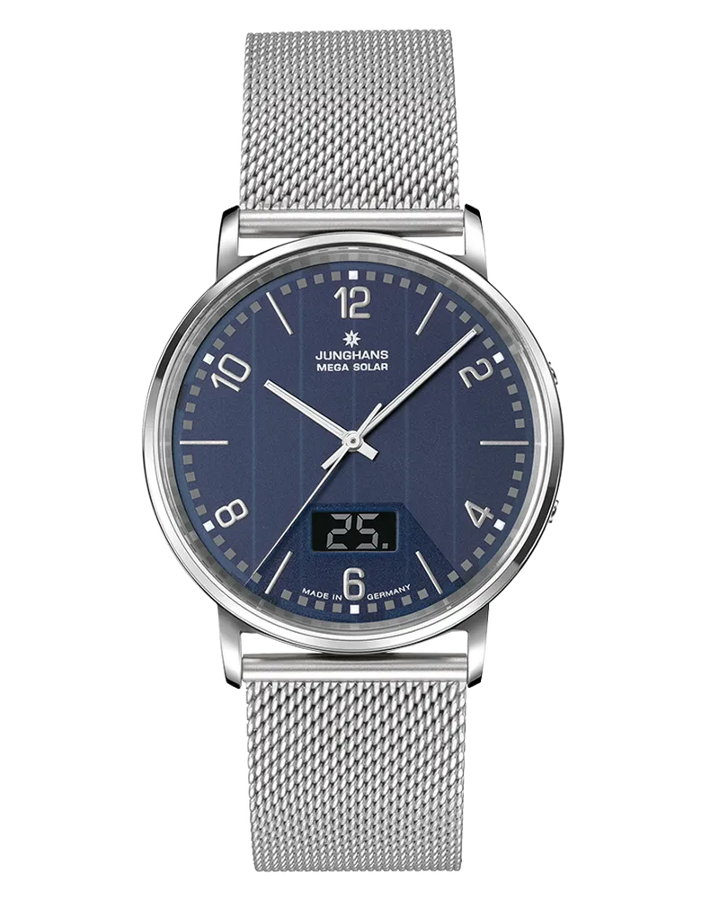 Junghans Milano Mega Solar, Milanaiseband mit Sicherheitsschließe, Multifrequenz-Funk-Solarwerk Herrenuhr 56/4629.44 
