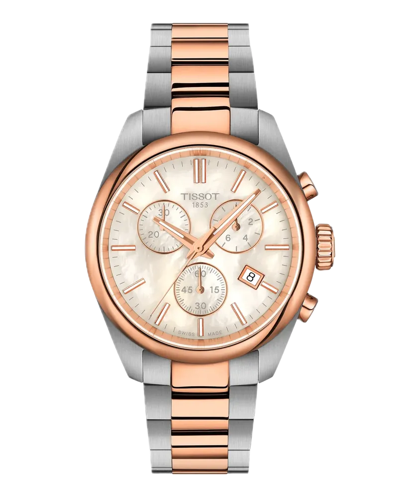 Tissot PR 100 36mm Schweizer Quarzwerk, Perlmuttzifferblatt, Grau und Roségold Damenuhr T150.217.22.111.00 Perlmutt