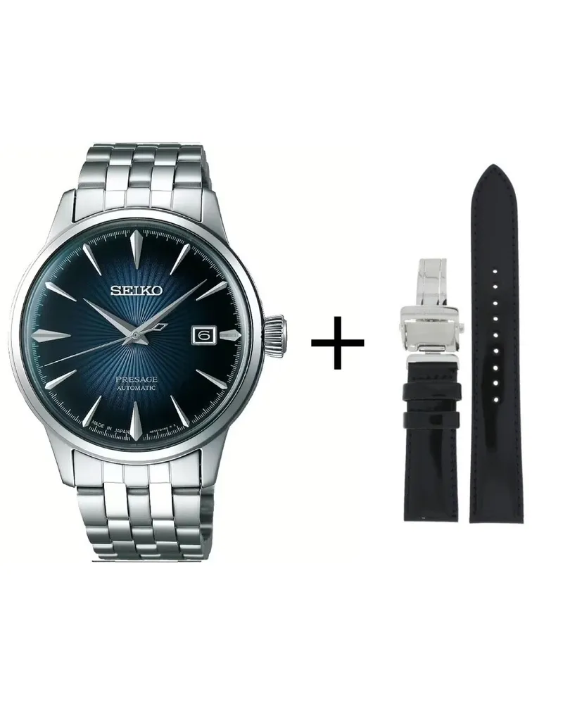 Seiko Presage Automatikuhr Herrenuhr SRPB41J1 Set mit schwarzem Lederarmband Blau