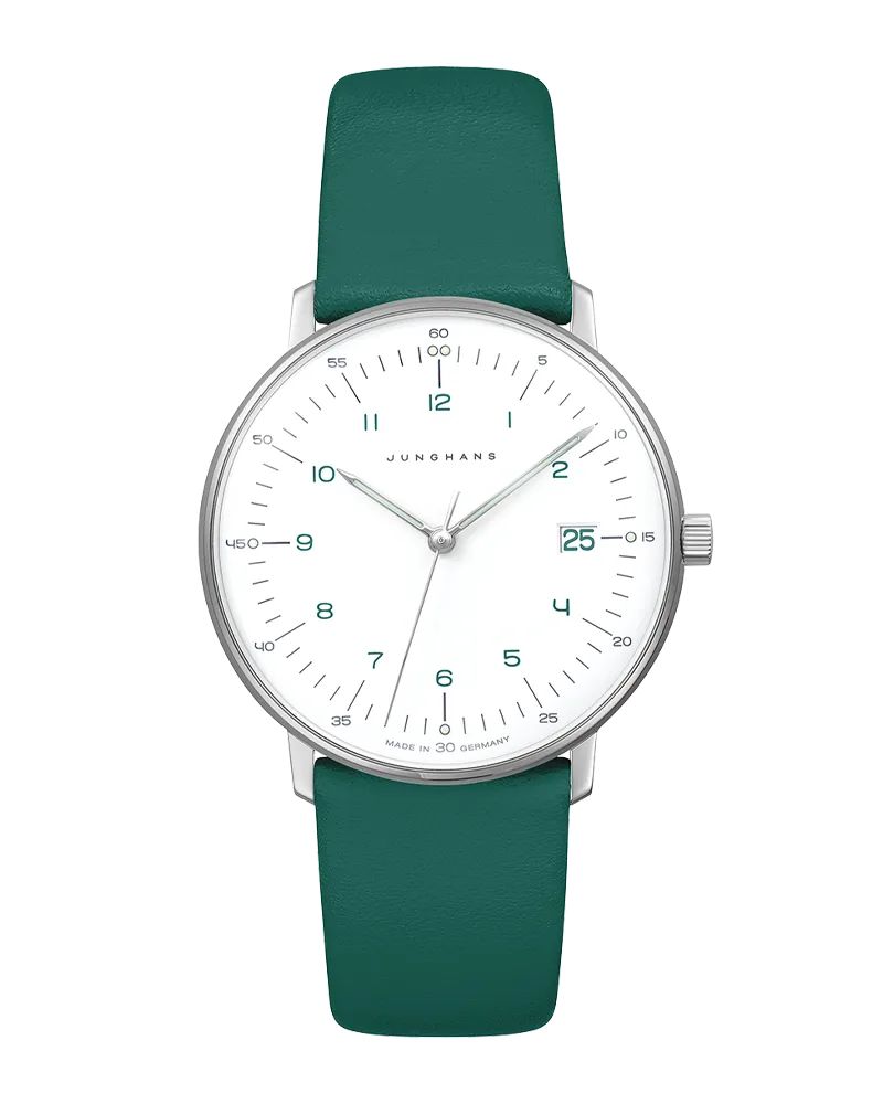 Junghans max bill Damen grünes Lederband Damenuhr 47/4557.02 Weiß