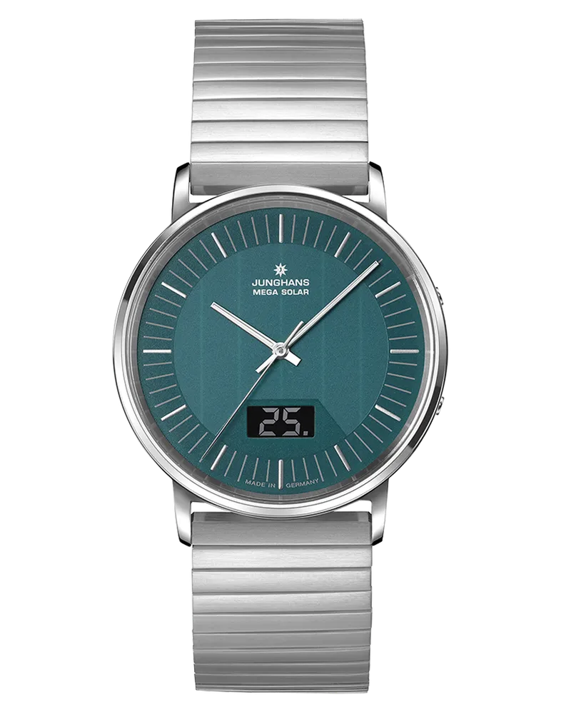 Junghans Milano Mega Solar, Edelstahlband mit Faltschließe, Multifrequenz-Funk-Solarwerk Herrenuhr 56/4621.44 