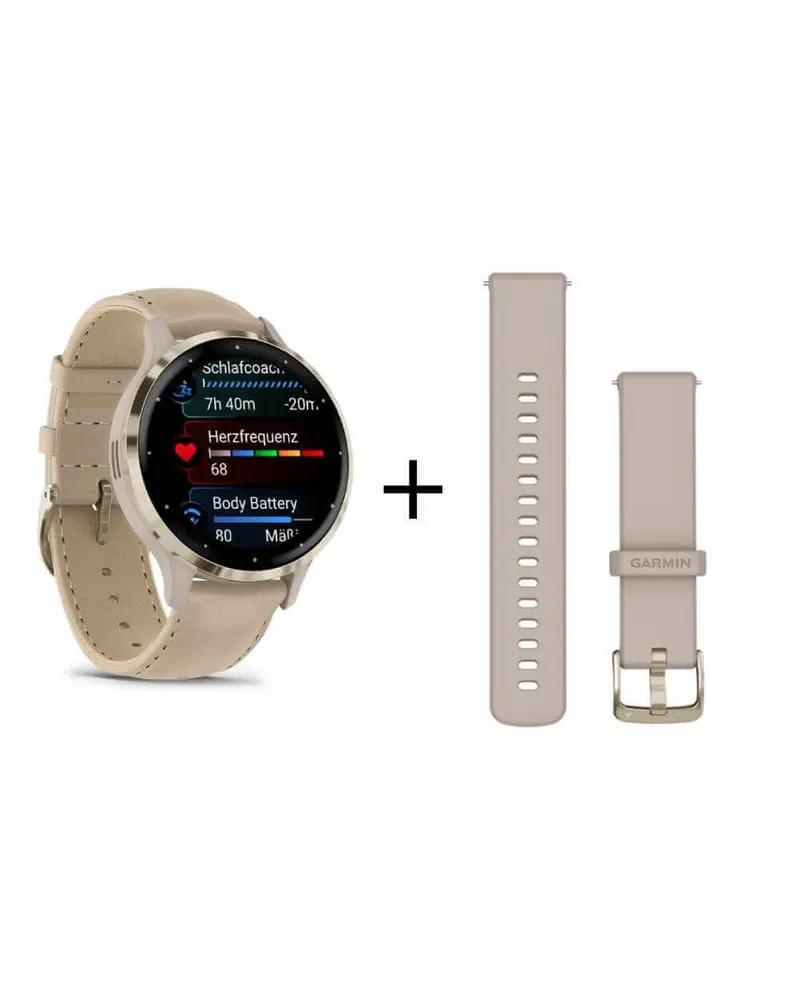 Garmin Venu 3S French Gray/Softgold mit Leder-Armband und Silikonband 010-02785-55 Schwarz