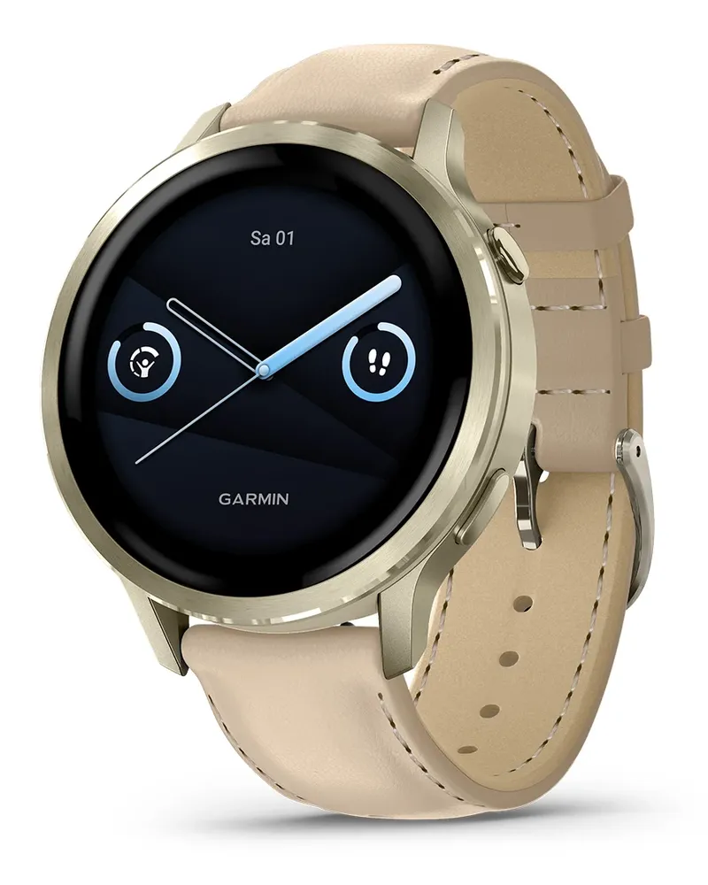 Garmin Venu® 4 - 41 mm Beige/Lunargold mit Schnellwechsel-Leder-Armband 18 mm Heller Sand Unisexuhr 010-03013-03 Beige