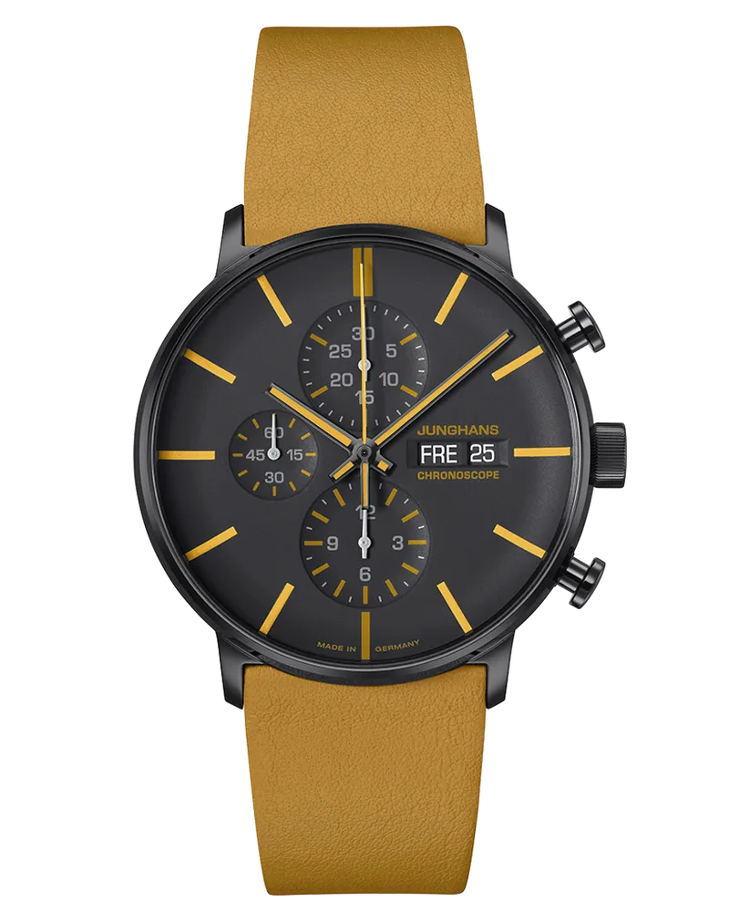 Junghans FORM A Chronoscope 027/4372.00 gelb Herrenuhr Schwarz