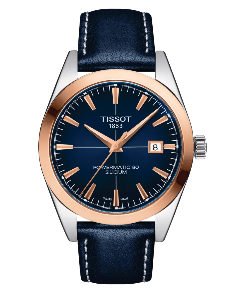 Tissot Gentleman Powermatic 80 Silicium 18K Goldlünette Herrenuhr T927.407.46.041.00 Blau