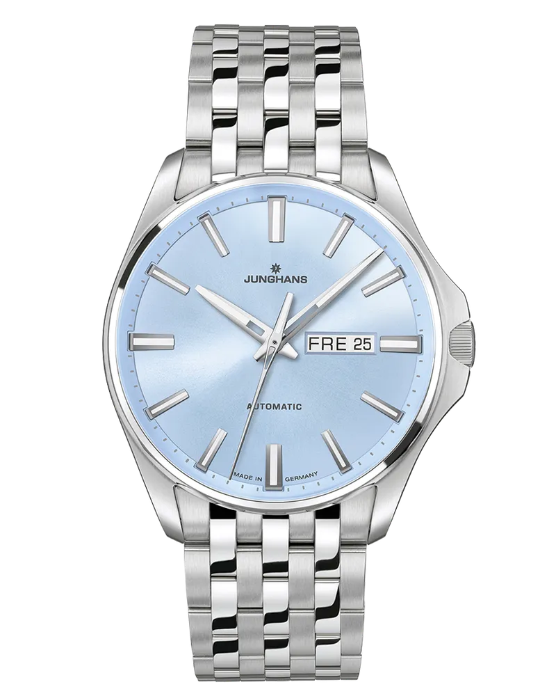 Junghans Meister S Automatic, 44mm, hellblaues Zifferblatt, Edelstahlband Herrenuhr 27/4614.44 Blau