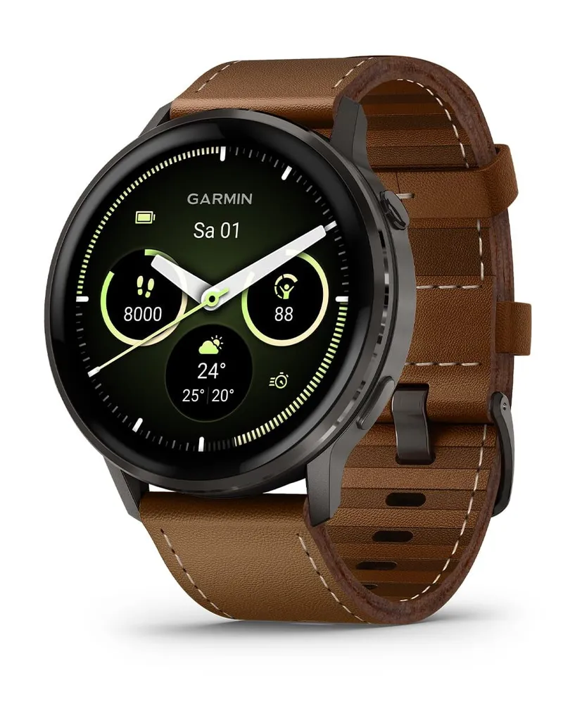 Garmin Venu® 4 - 45 mm Schwarz/Schiefergrau mit Schnellwechsel-Leder-Armband 22 mm Dunkelbraun Unisexuhr 010-03014-03 Schwarz
