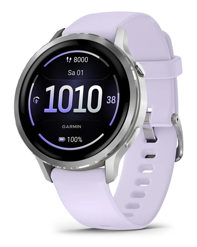Garmin Venu® 4 - 41 mm Grau/Silber mit Schnellwechsel-Silikon-Armband 18 mm Lavendelblau Unisexuhr 010-03013-01 