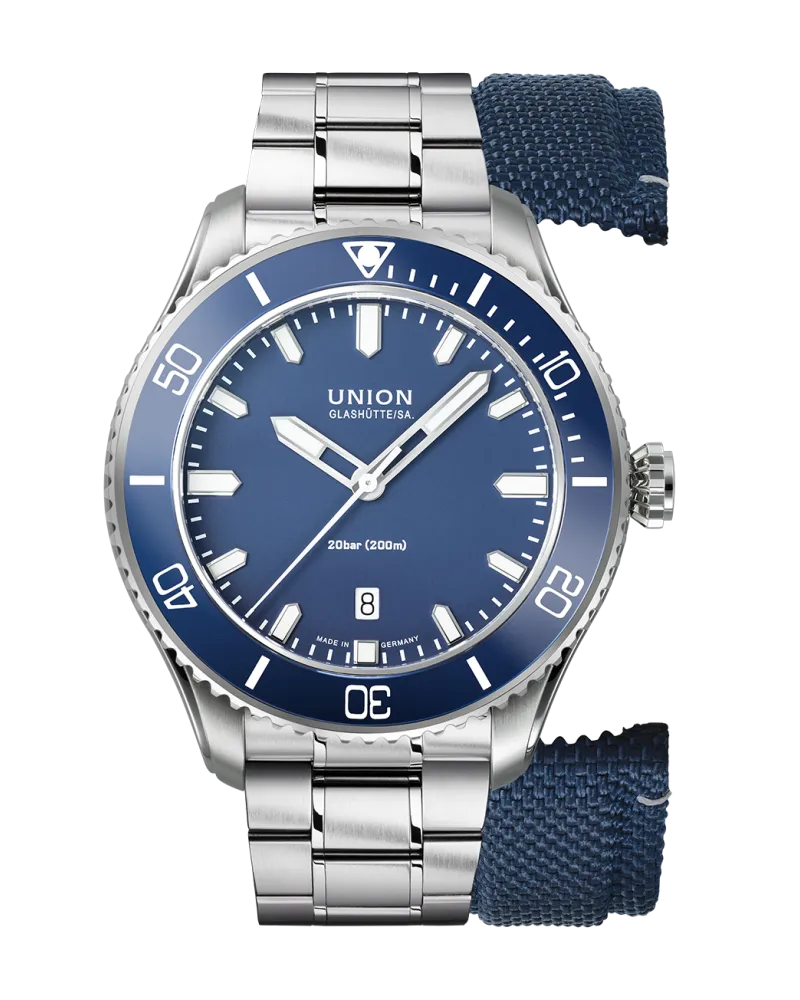 Union Glashütte Belisar Datum Sport Set mit zwei Bändern Herrenuhr D009.907.11.047.00 Blau