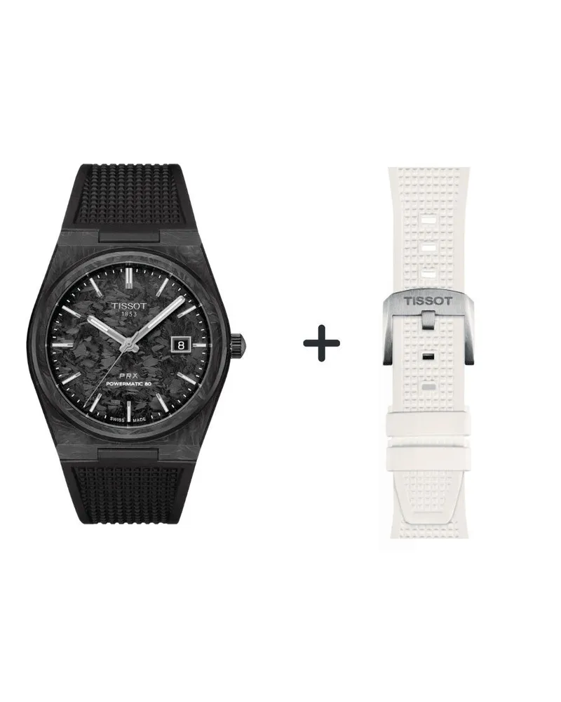 Tissot PRX 80 Herrenuhr CARBON T137.907.97.201.00 Set mit weißen Silikonband Schwarz