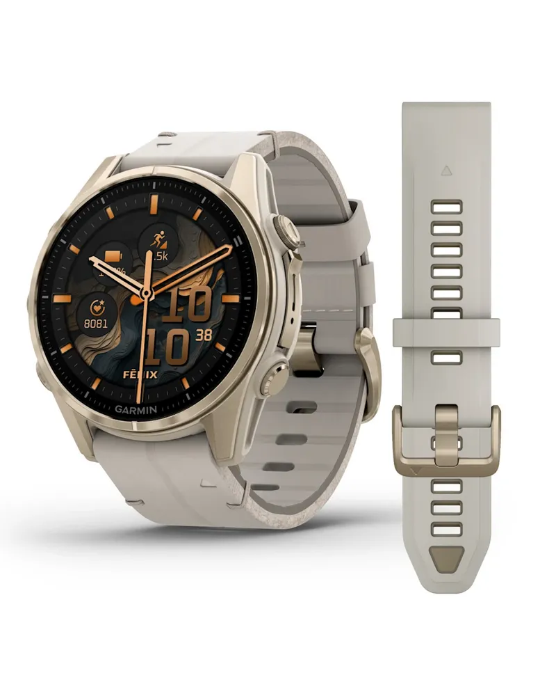 Garmin fēnix® 8 - 43 mm AMOLED Sapphire Nebelgrau/Softgold mit Lederarmband und Silikonband 010-02903-40 Schwarz